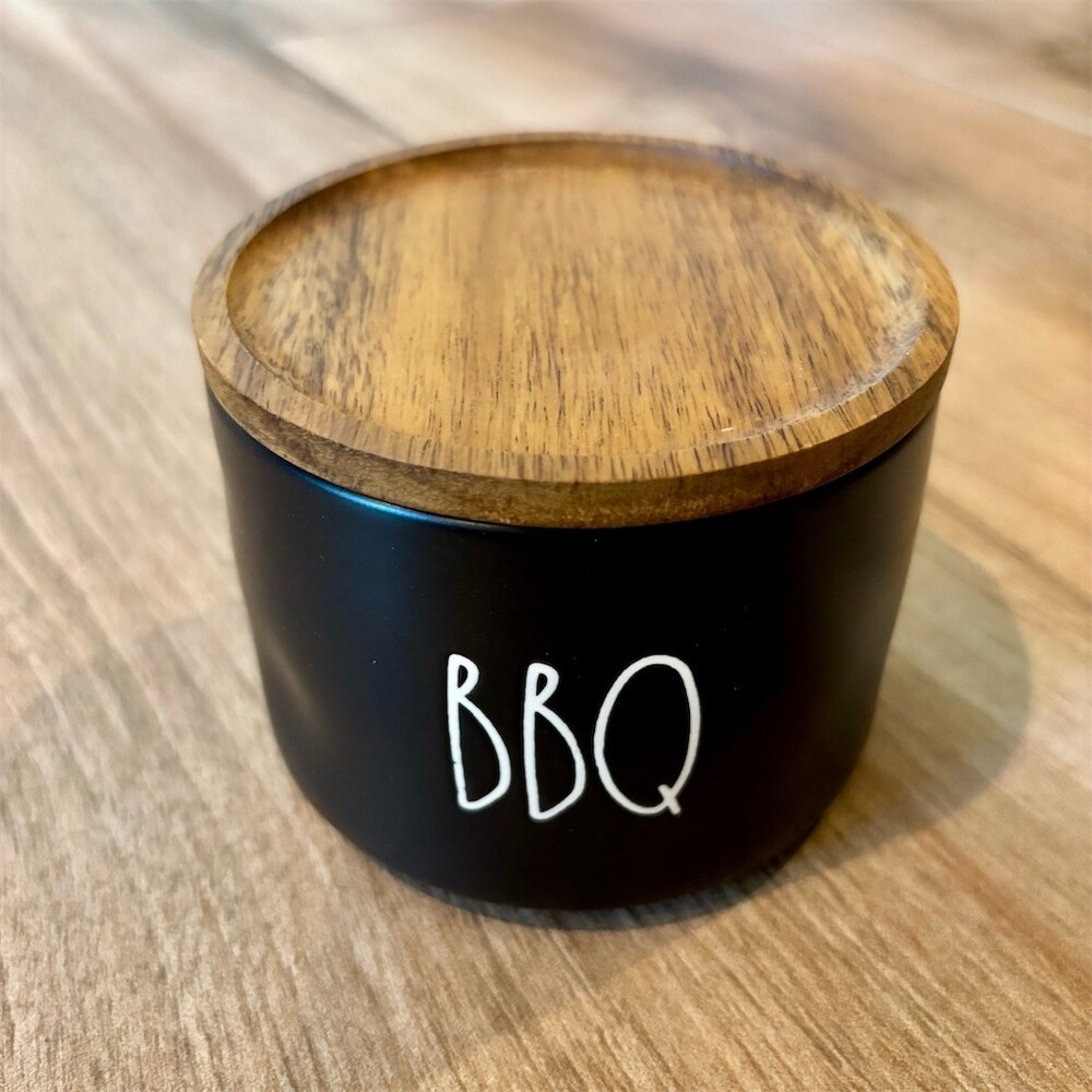 Rae Dunn Artisan Collection BBQ Canister Jar Matte Black With Wood Lid
